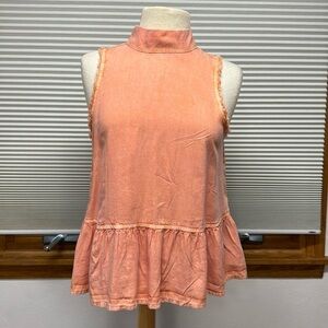 Cloth & Stone Sleeveless Orange Raw Edge Peplum Top With High Tie Neckline